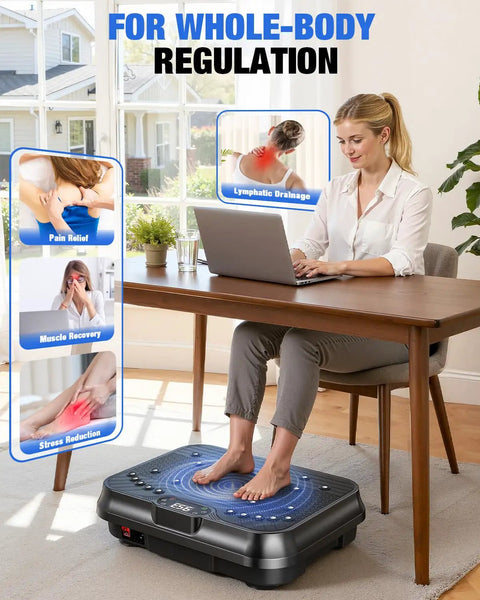 Woman using vibration plate exercise machine for weight loss with 250 speed platform remote and resistance bands under desk