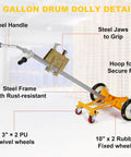 Heavy Duty 55 Gallon Drum Dolly With Braking Wheels, Rugged Reinforced Upgrade, Sturdy Steel Frame Built To Haul Up To 1000 Lbs, Stable Durable Trolley For Easy Oil Drum Transport And Handling On Any Job Site with steel handle and wheels