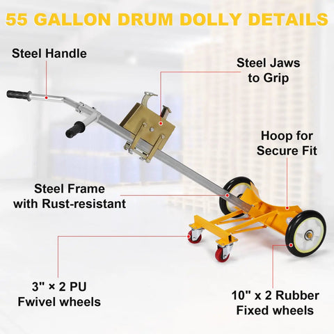Heavy Duty 55 Gallon Drum Dolly With Braking Wheels, Rugged Reinforced Upgrade, Sturdy Steel Frame Built To Haul Up To 1000 Lbs, Stable Durable Trolley For Easy Oil Drum Transport And Handling On Any Job Site with steel handle and wheels