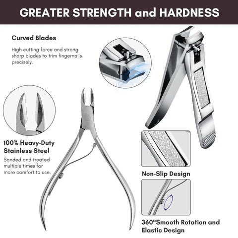 11 In 1 Manicure Kit With Stainless Steel Nail Clippers featuring curved blades, heavy-duty design, and non-slip grip