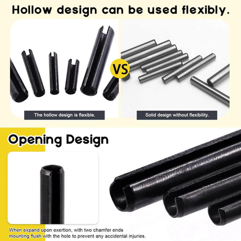 Roll Pin Assortment Kit 416 Pcs 13 Sizes From M1.5 To M6 Slotted Spring Steel Pins Showing Hollow vs Solid Design