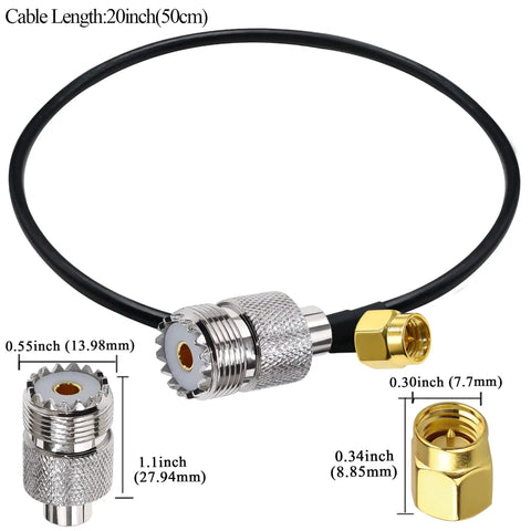 SMA To UHF Coax Extension Cable 20 Inch RG58 50 Ohm Plug And Play Pigtail For CB Ham Radio And WiFi Antennas, Connectors Detailed View