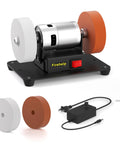 Miniature 7 Speed Electric Belt Sander And Dual Wheel Bench Grinder with dual color wheels on black base and power switch.