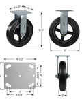 Rock Solid Eight Inch Rubber On Cast Iron Industrial Casters Set Of Four showcasing 8" rubber tires, swivel and rigid plates.