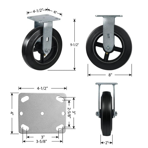Rock Solid Eight Inch Rubber On Cast Iron Industrial Casters Set Of Four showcasing 8" rubber tires, swivel and rigid plates.