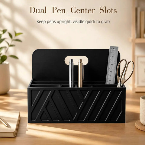 Black Six Slot Desk Mail Organizer Countertop Caddy with pens and scissors, dual pen center slots visible