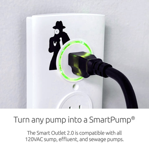 WiFi Sump Pump Smart Outlet 2 Point 0 With 24 7 Remote Monitoring And Alerts plugged in with glowing green LED