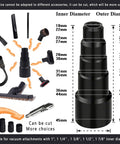 Universal Vacuum Attachment Kit For Vacuum Cleaners And Wet Dry Vacuums With Hair Brush Extension Wand Flexible Crevice Tool And Hose Adapters shown with measurements and compatibility.