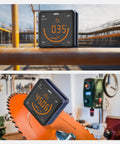 Built Tough Digital Angle Gauge And Bevel Finder With Rock Solid Magnetic Base and Bright Backlit Screen on metal pipe and saw blade.