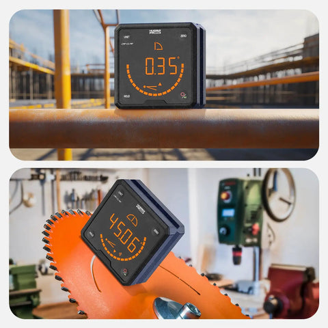 Built Tough Digital Angle Gauge And Bevel Finder With Rock Solid Magnetic Base and Bright Backlit Screen on metal pipe and saw blade.