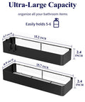Two Pack Adhesive Shower Caddies With Rustproof Metal Shelves No Drill Bathroom Organizer Storage Black XX Large Durable Finish For Inside Shower Waterproof Easy Clean And Strong Hold, shown in two sizes with measurements.