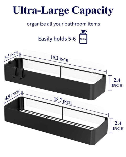 Two Pack Adhesive Shower Caddies With Rustproof Metal Shelves No Drill Bathroom Organizer Storage Black XX Large Durable Finish For Inside Shower Waterproof Easy Clean And Strong Hold, shown in two sizes with measurements.