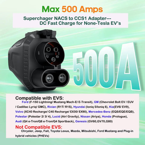 Universal Nacs To Ccs Adapter For Tesla Supercharger Dc Fast Charging Plug And Play Gear showing rear angle with 500A rating.
