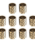 Ten Pack Brass Sleeve Bearings 10mm Bore 12mm OD 25mm Length Oilless Self Lubricating Graphite Bushings arranged in rows.
