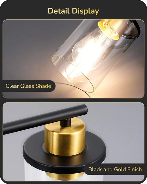 Chic Brushed Nickel 3 Light Vanity Light Over Mirror With Clear Glass Shades, close-up of black and gold finish, bulb detail