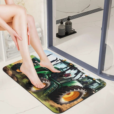 Person stepping on Go-To Farm Tractor Style Diatom Mud Quick Dry Bath Mat With Non Slip Backing, 23.6 by 15.7 Inches in bathroom