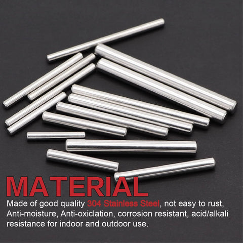Assorted 304 stainless steel dowel pins (M3–M5), cylindrical shelf pins.
