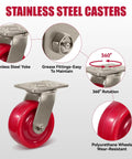 Heavy Duty Industrial Casters With Tough As Nails Solid Polyurethane Wheels And Rust Proof Stainless Steel Brackets, 2 Rigid 2 Swivel Set For Factory Gear, 360-degree rotation with wear-resistant wheels.