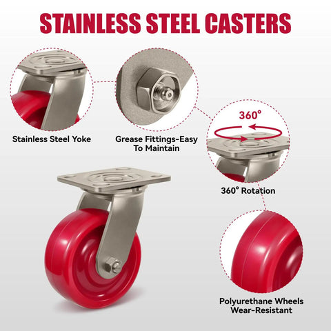 Heavy Duty Industrial Casters With Tough As Nails Solid Polyurethane Wheels And Rust Proof Stainless Steel Brackets, 2 Rigid 2 Swivel Set For Factory Gear, 360-degree rotation with wear-resistant wheels.