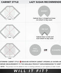 Diagram showing cabinet styles and recommended lazy susans for Premium Wood Lazy Susan Double Tier Turntable.