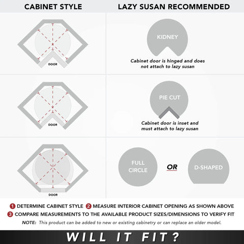 Diagram showing cabinet styles and recommended lazy susans for Premium Wood Lazy Susan Double Tier Turntable.