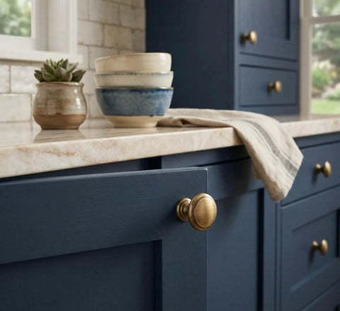 Close-up of cabinet with 25 Pack Brushed Antique Brass Mushroom Cabinet Knobs, featuring 1-3/16 inch diameter and 7/8 inch projection.