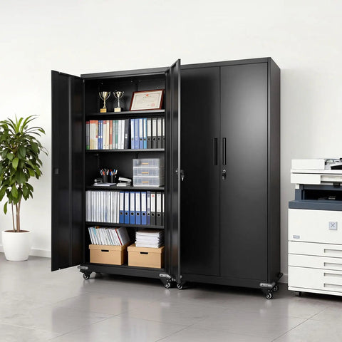 Beefy Rolling Metal Storage Cabinet With Five Adjustable Shelves Two Magnetic Doors And Two Keys Lockable Tool Organizer For Garage Pantry Basement And Office Black Industrial Grade Steel Construction For Heavy Duty Home And Workspaces