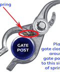 Durable Chain Link Gate Closer With Spring Loaded For 1.38 Inch Gate Frame And 2.38 Inch Post shown with installation guide.
