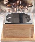 Top Shelf Stainless Steel Coffee Knock Box With Solid Wood Base Massive Grounds Bin And Game Changing Tamper Stand, top view.