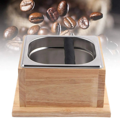Top Shelf Stainless Steel Coffee Knock Box With Solid Wood Base Massive Grounds Bin And Game Changing Tamper Stand, top view.