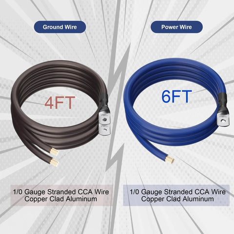 Heavy Duty Big 3 Upgrade Wiring Kit with 4FT ground wire and 6FT power wire, 1/0 gauge CCA copper clad aluminum.