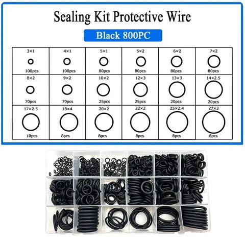 800 Piece O Ring Kit With Nitrile Rubber Seals And Gaskets All-In-One Black O Ring Assortment For Home Workshop And Vehicle Repairs Sizes 1mm-4mm And 3mm-27mm OD Fuel Tank Cap Sealing Rings Durable DIY Friendly And Leak Proof displayed with sizing chart and compartmentalized storage.