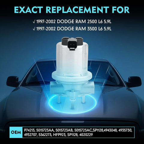 12V Diesel Fuel Pump For Ram 2500 3500 Pickup 1997 1998 1999 2000 2001 2002 5.9L Cummins Turbo Diesel Direct Replacement Plug And Play OEM Compatible With 100 Percent OE Matched Connectors No Cutting Needed displayed on a car hood