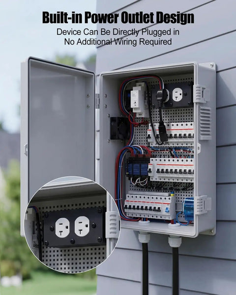 Built-in power outlet in Tough As Nails Abs Weatherproof Electrical Enclosure Box with thermostat, showcasing wiring connections.