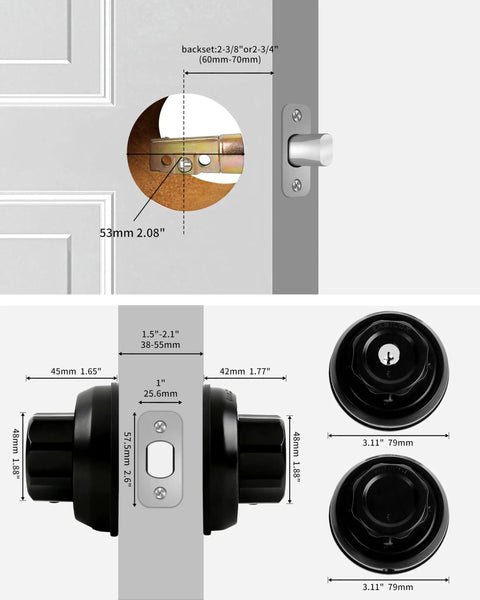 Twist To Lock Deadbolt No Keys Needed With Anti Mislock Button Front Door Lock dimensions and installation diagram