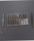 Premium Stainless Steel Micro Screw Kit With Tiny Screwdriver And Tweezers for quick repairs, includes assorted screws and tweezers.