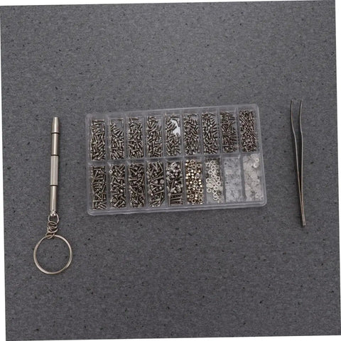 Premium Stainless Steel Micro Screw Kit With Tiny Screwdriver And Tweezers for quick repairs, includes assorted screws and tweezers.