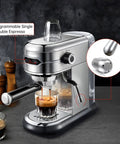 Straight Ahead Stainless Steel Coffee Maker Paired With A Semi Automatic Espresso Machine Bringing Reliable Pressure For Crisp Lattes And Smooth Cappuccinos Without The Headache In A Lean Modern Kitchen Layout with espresso extraction.