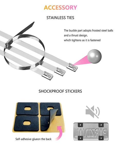 Stainless ties and shockproof stickers for Front License Plate Holder Bracket Upgraded Black Universal ABS Mounting Kit Frame.