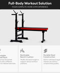 Weight Bench With Squat Rack And Adjustable Recliner - Foldable Home Gym Gear, red and black design, full view