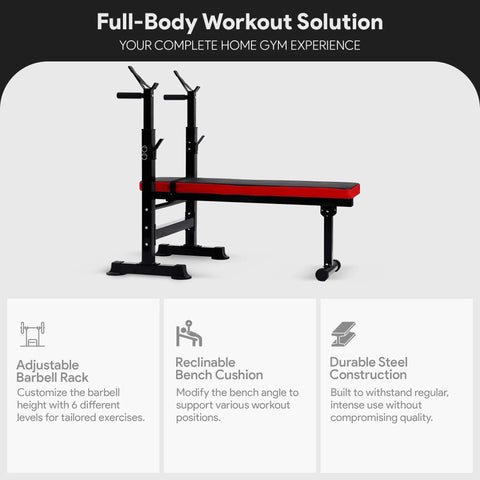 Weight Bench With Squat Rack And Adjustable Recliner - Foldable Home Gym Gear, red and black design, full view