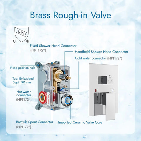 Brass rough-in valve diagram for 3-Function Wall Mount Shower System With Mixer, 8 Inch Rain Shower Head, and tub spout.