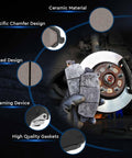 Installed view of front ceramic brake pads with hardware; 4-piece set beside brake rotor