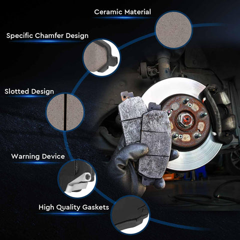 Installed view of front ceramic brake pads with hardware; 4-piece set beside brake rotor