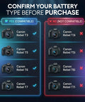 Compatibility chart for Fresh LP E10 Camera Batteries Two Pack for Canon EOS Rebel cameras.