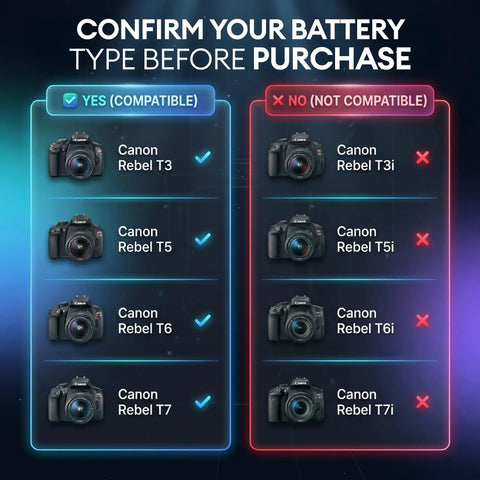 Compatibility chart for Fresh LP E10 Camera Batteries Two Pack for Canon EOS Rebel cameras.