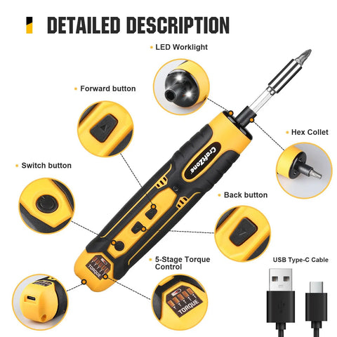 Cordless Electric Screwdriver With LED Light USB Rechargeable 28 Piece Bit Set Carrying Case Workhorse Level 5 Torque One Driver showing features