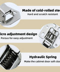 Close-up of 4-7/16 Inch Soft Close Cabinet Hinges 4 Pack with 90 Degree Surface Mount Hidden Spring Design features like cold-rolled steel.