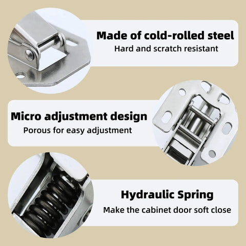 Close-up of 4-7/16 Inch Soft Close Cabinet Hinges 4 Pack with 90 Degree Surface Mount Hidden Spring Design features like cold-rolled steel.