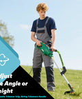 Person using ergonomic weed eater handle with grip extension for back support and enhanced leverage trimmer handle.